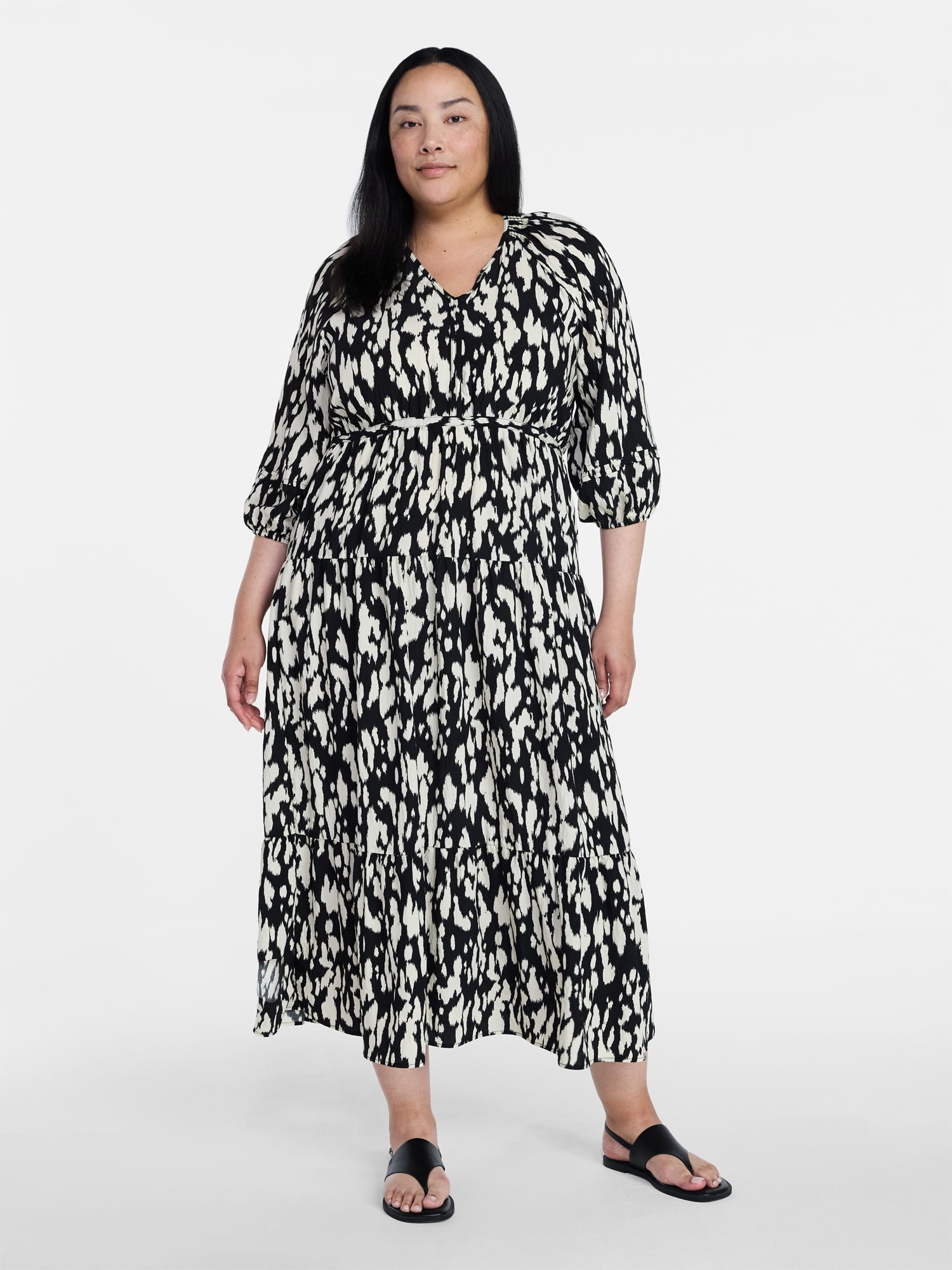 Time and Tru Women's V-Neck Maxi Dress with ¾-Length Sleeves, Sizes XS-XXXL