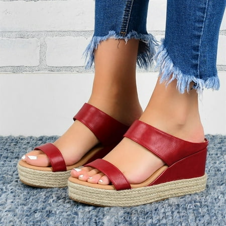 

Feiboyy Summer Women Open Toe Breathable Beach Sandals Slip-On Straw Casual Wedges Shoes