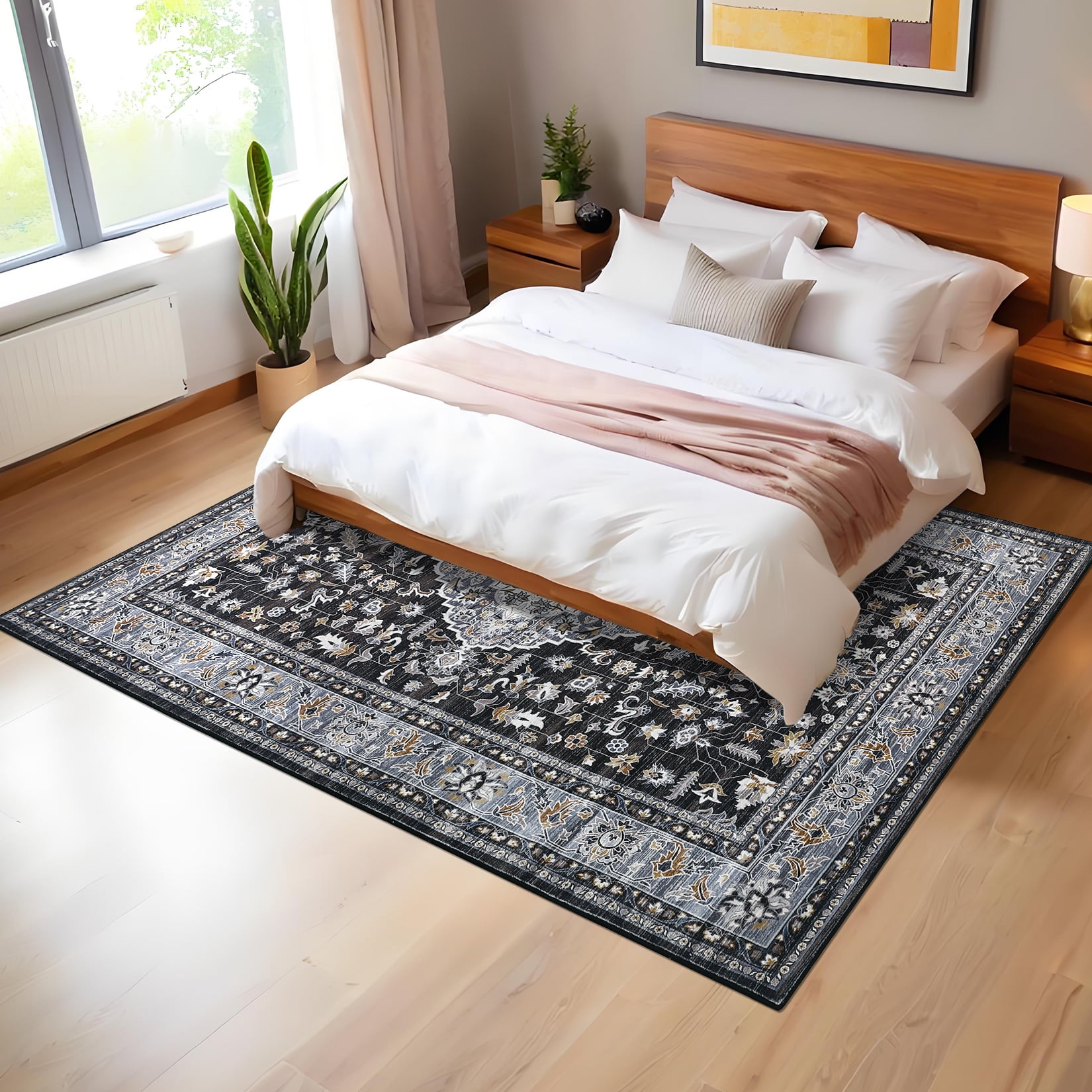 Garvee Vintage Floral Print Area Rug, 8'x10' Washable Rug Stain Resistant Indoor Carpet Non-Slip Low Pile Floor Rugs for Living Room Bedroom Dining Room, Black