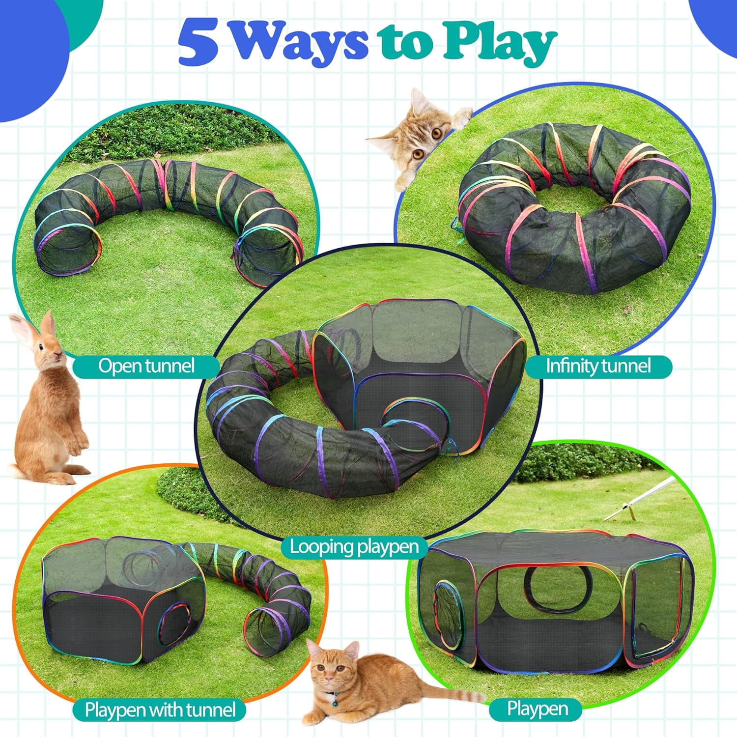 Outdoor Cat Enclosure, Portable Catio Playground with Tent & Tunnel for Cats and Small Animals, Foldable Cat Playpen Includes Storage Bag for Outside and Indoor Play, Rainbow Color