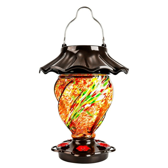 LUJII Mangeoire Solaire pour Colibris pour Extérieur Suspendue avec Changement de Couleur, Verre Soufflé à la Main, 35 fl.oz, Ne Fuite Jamais, Lanterne Illuminée pour Décoration de Jardin, Cadeau Unique