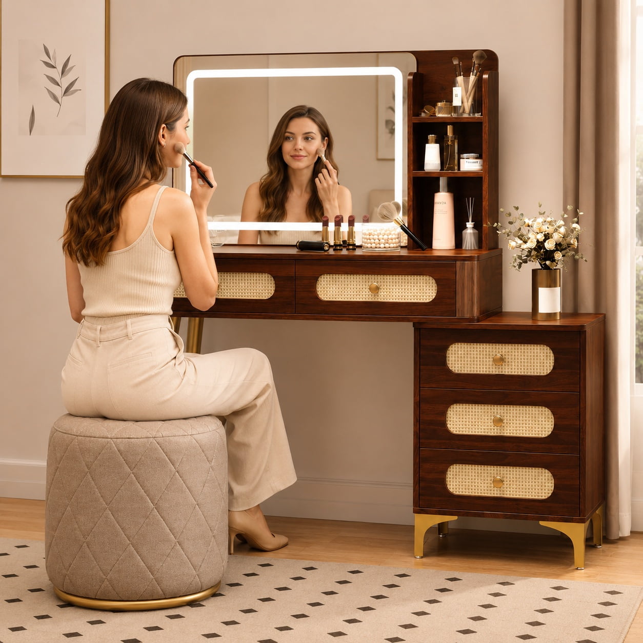 Aukfa 47.2" Rattan Makeup Vanity Desk with Lighted Mirror, Vintage Wood Vanity Table with 5 Drawers & Shelves, Gold Metal Legs, Walnut