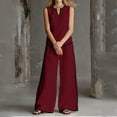 thumbnail image 5 of Women's Cotton Linen 2-Piece Outfit V-Neck Sleeveless Button Detail Top Wide Leg Pants Casual Summer Set Wine S(S), 5 of 6
