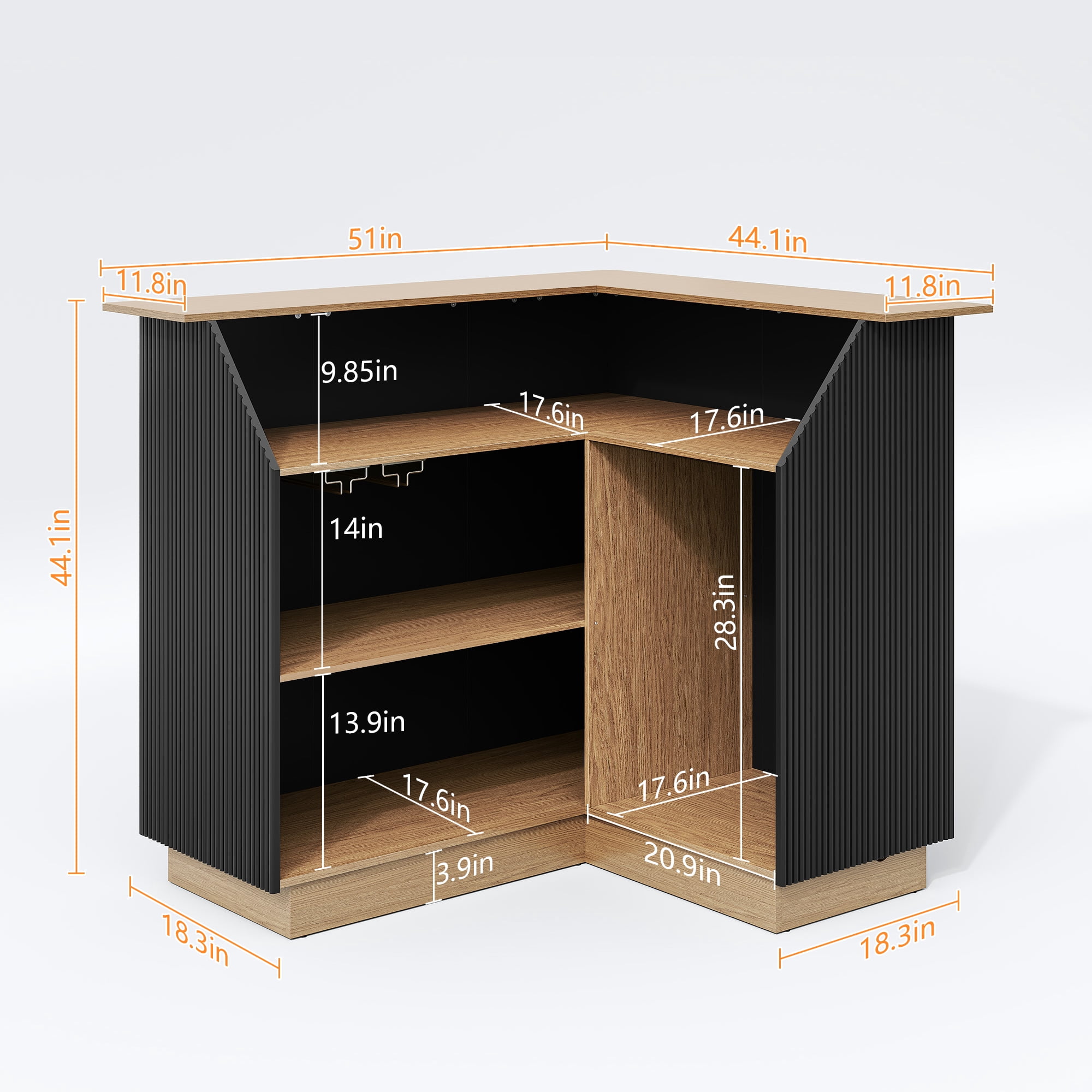 HLR L-Shaped Home Bar Cabinet with Fridge Space, 4-Tier Corner Bar Unit Wine Cabinet with Storage, Black