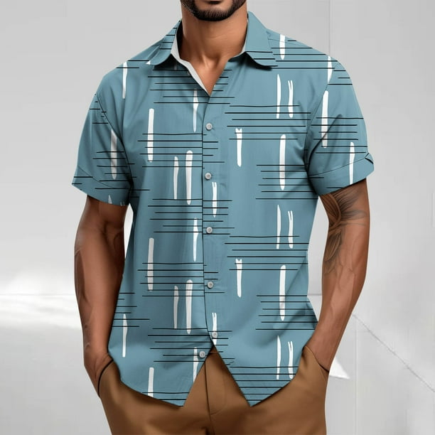 Blusa y camisa de manga corta con cuello vuelto para hombre, blusa informal holgada con botones y cuello vuelto, blusa de poliéster para hombre