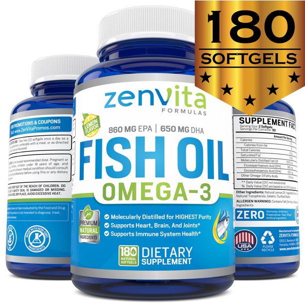 ZenVita Formulas Omega 3 Fish Oil Capsules 180 Softgels, Lemon