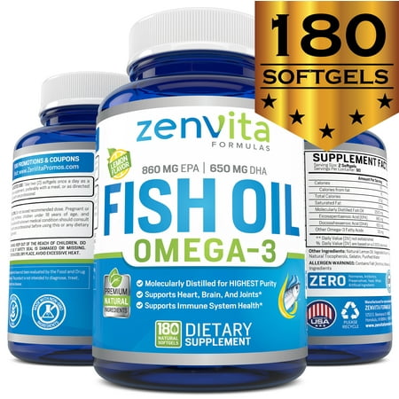 ZenVita Formulas Omega 3 Fish Oil Capsules - 180 Softgels, Lemon Flavored - NO Fishy Aftertaste, Non GMO & Gluten FREE, Pharmaceutical Grade, Molecularly Distilled & Mercury (Best Omega 3 Supplements Without Fishy Aftertaste)