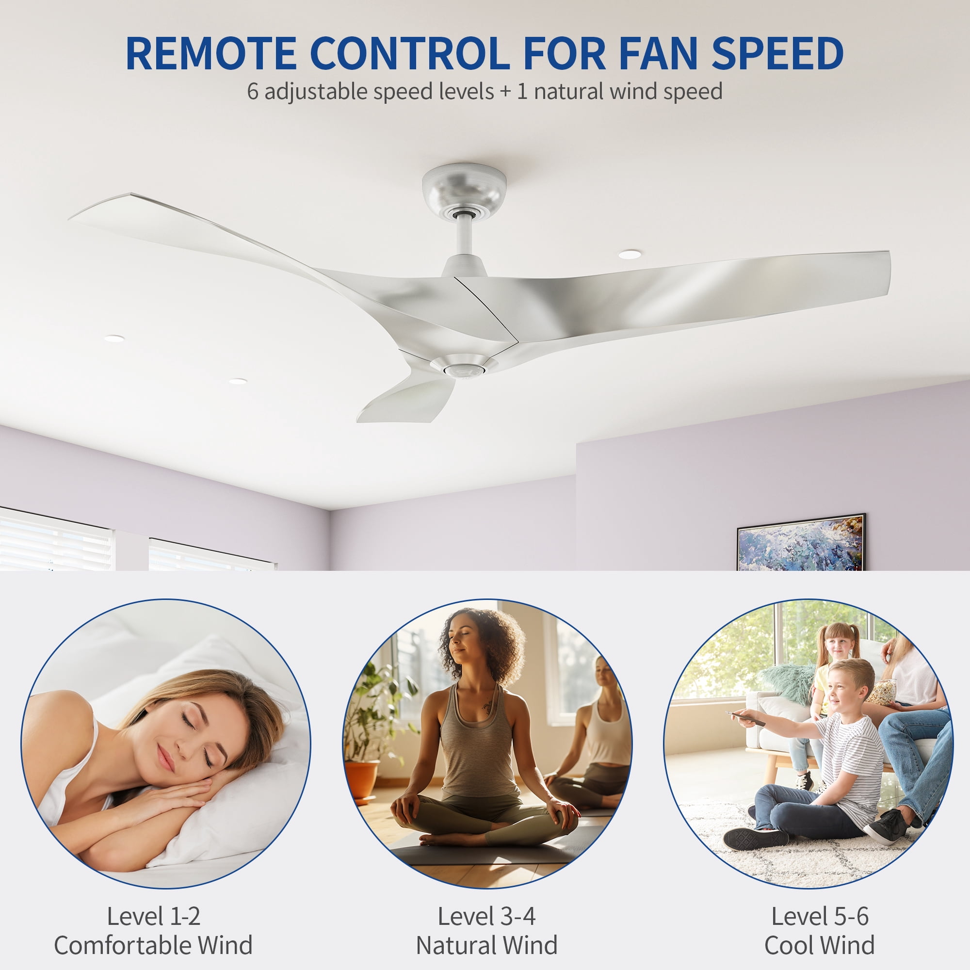 Uforic 52" Modern Ceiling Fan with Remote for Bedroom Kitchen More, Silver