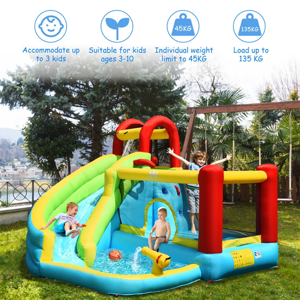 Aimee Lii 6-in-1 Inflatable Bounce House with Climbing Wall and Basketball Hoop with Blower, Kids Bounce House Water Slide