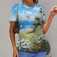 thumbnail image 6 of Lighthouse Sunrise Coast Scenery Pale Blue Tan Womens Tops Women's Fashion Casual Short Sleeve Flower Print Round Neck Pullover Top Blouse, 6 of 6
