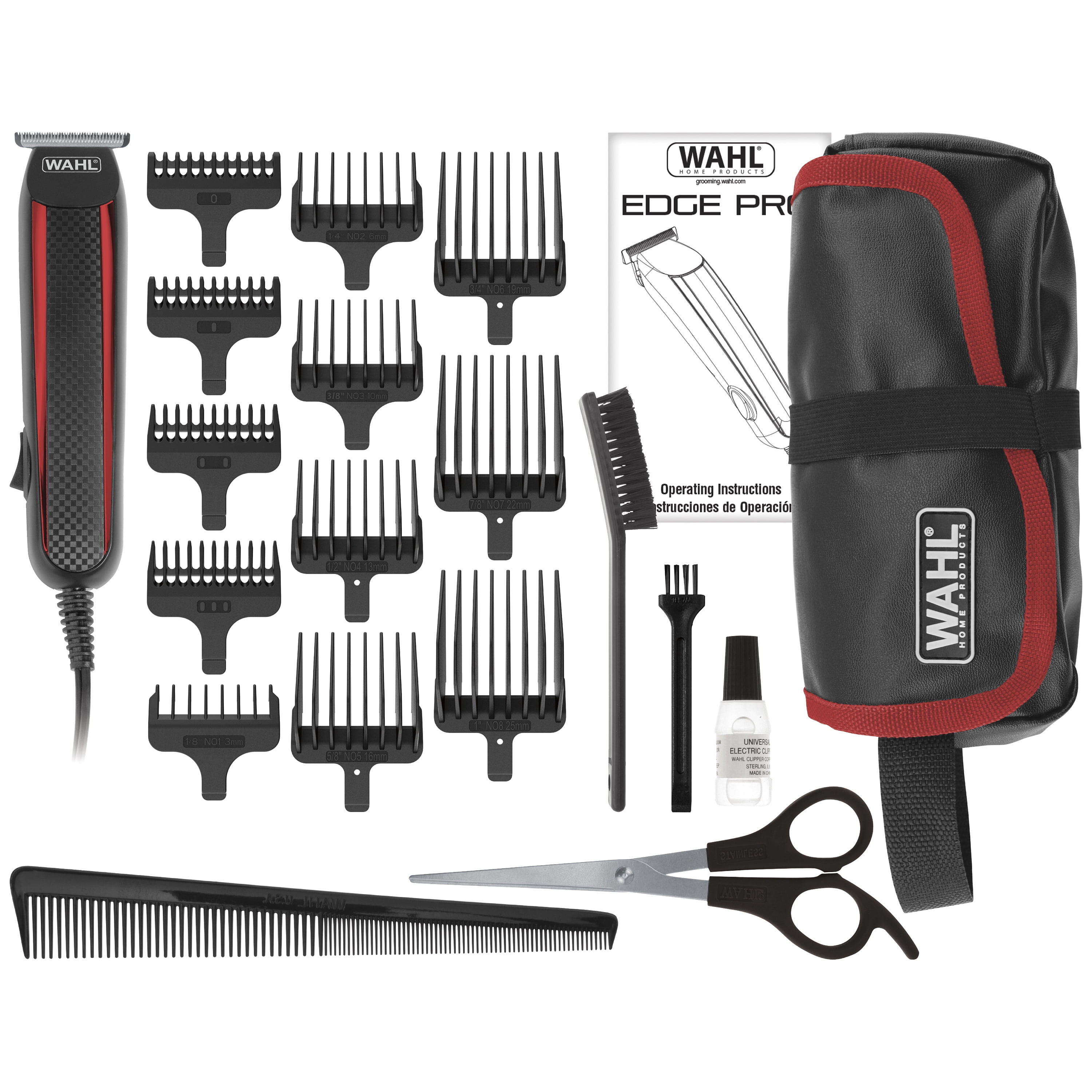Wahl Edge Pro Travel Size Professional Men's Hair Cutting Kit, 20 Piece Set with T- Blade Corded Beard Trimmer, 12 Blade Guards, Cleaning Brush, Barber Comb, Scissors & Storage Case, Model 9686-300