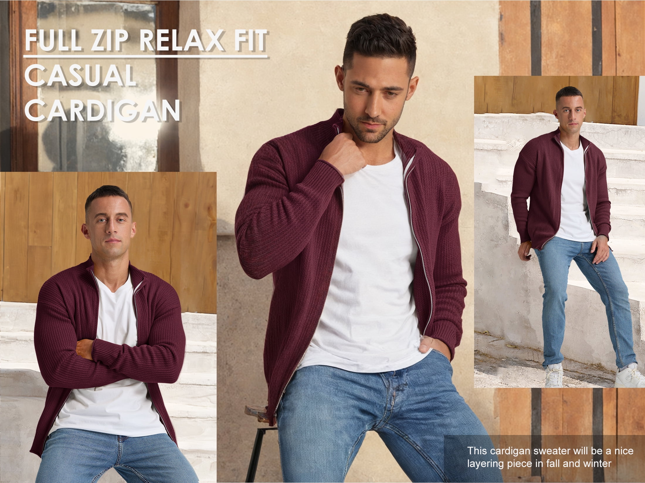 Iceglad Men's Knit Cardigan Sweater Full Zip Mock Neck Ribbed Long Sleeve Lightweight Knit Jacket