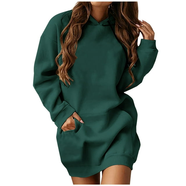 RKSTN Robe Chandail pour Femmes Décontractée à Manches Longues avec Cordon, Chandail à Capuchon à Enfiler, Robe Unie avec Poches Kangourou, Robes d'Automne pour Femmes 2023