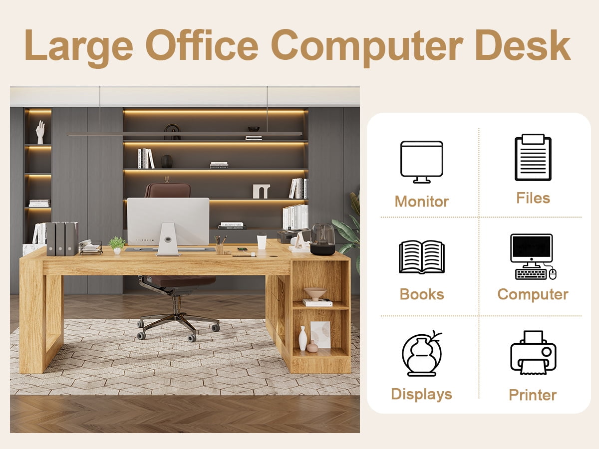 ANPOO 86" L-Shaped Executive Desk with Storage Drawers and File Cabinets, Large Office Desk with Power Outlets, Modern Computer Desk for Home Office/Study Room, Walnut