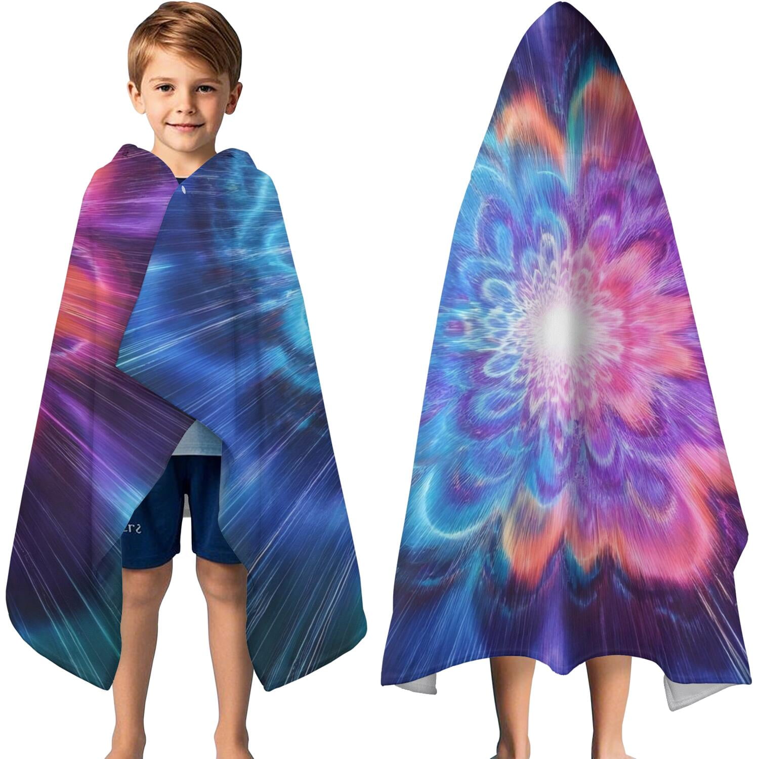 Colorful Tie Dye Burst Flower Pattern Hooded Bath Towel，60"x35" for Ages 3 To 12 Kids, Quick Dry Lightweight Soft Microfiber Hood Beach Towel Cover Up for Kids