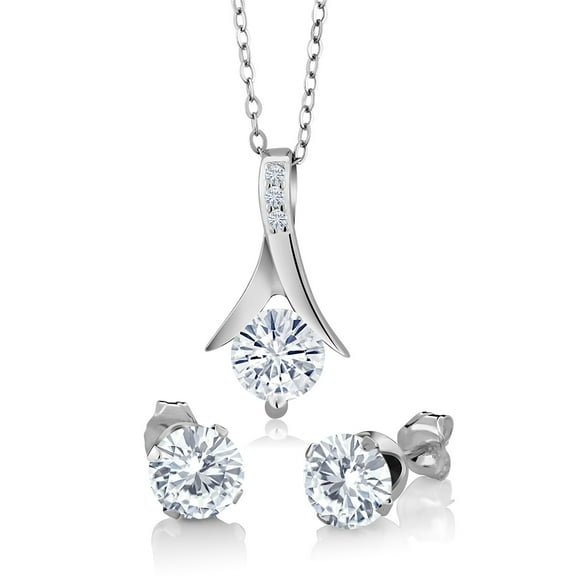 Gem Stone King 925 Sterling Silver White Moissanite Pendant and Earrings Jewelry Set for Women (2.45 Cttw, with 18 inch Chain)