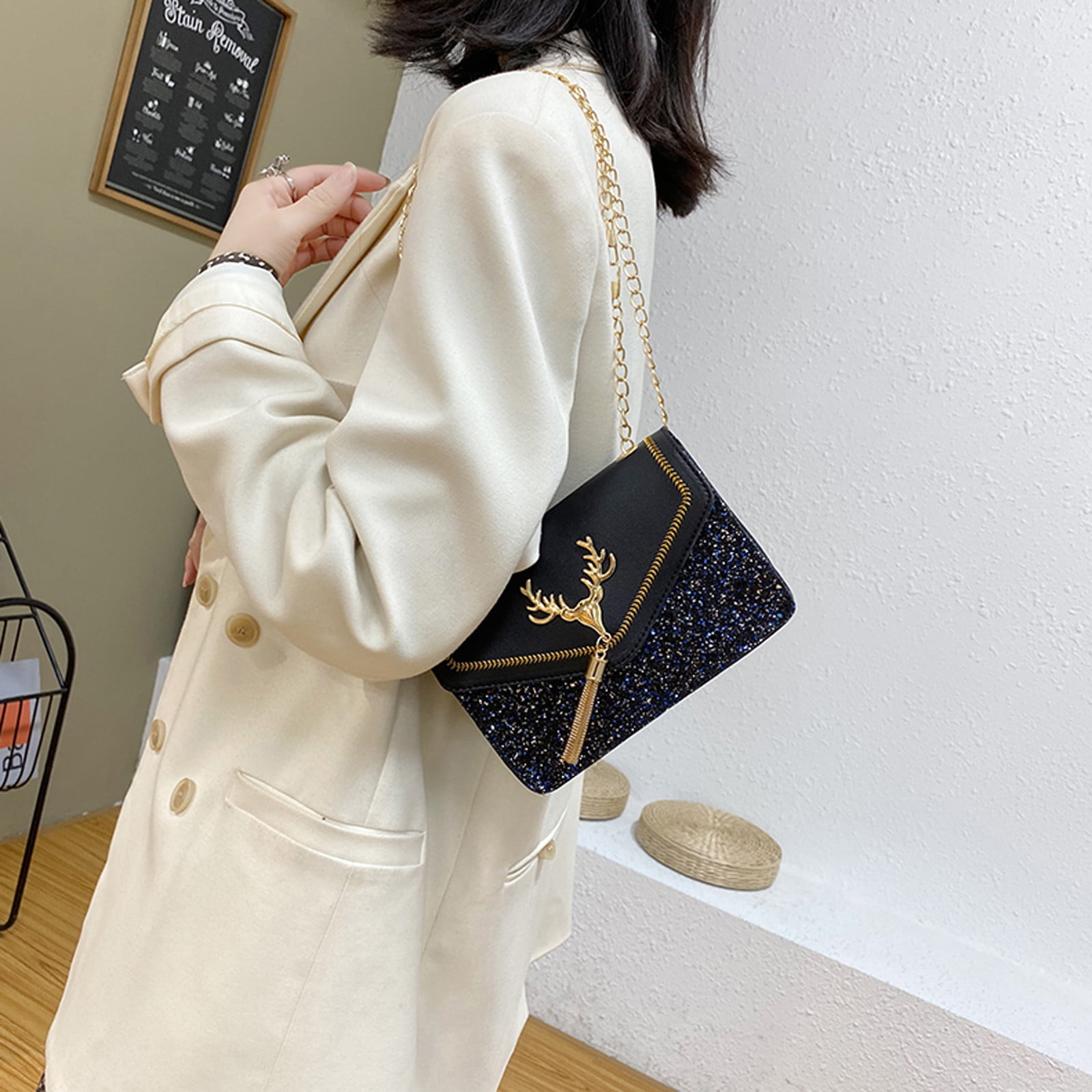 Foraging dimple Summer Korean Small Square Frosted Sequin Iron Tassel Color  Chain Shoulder Bag