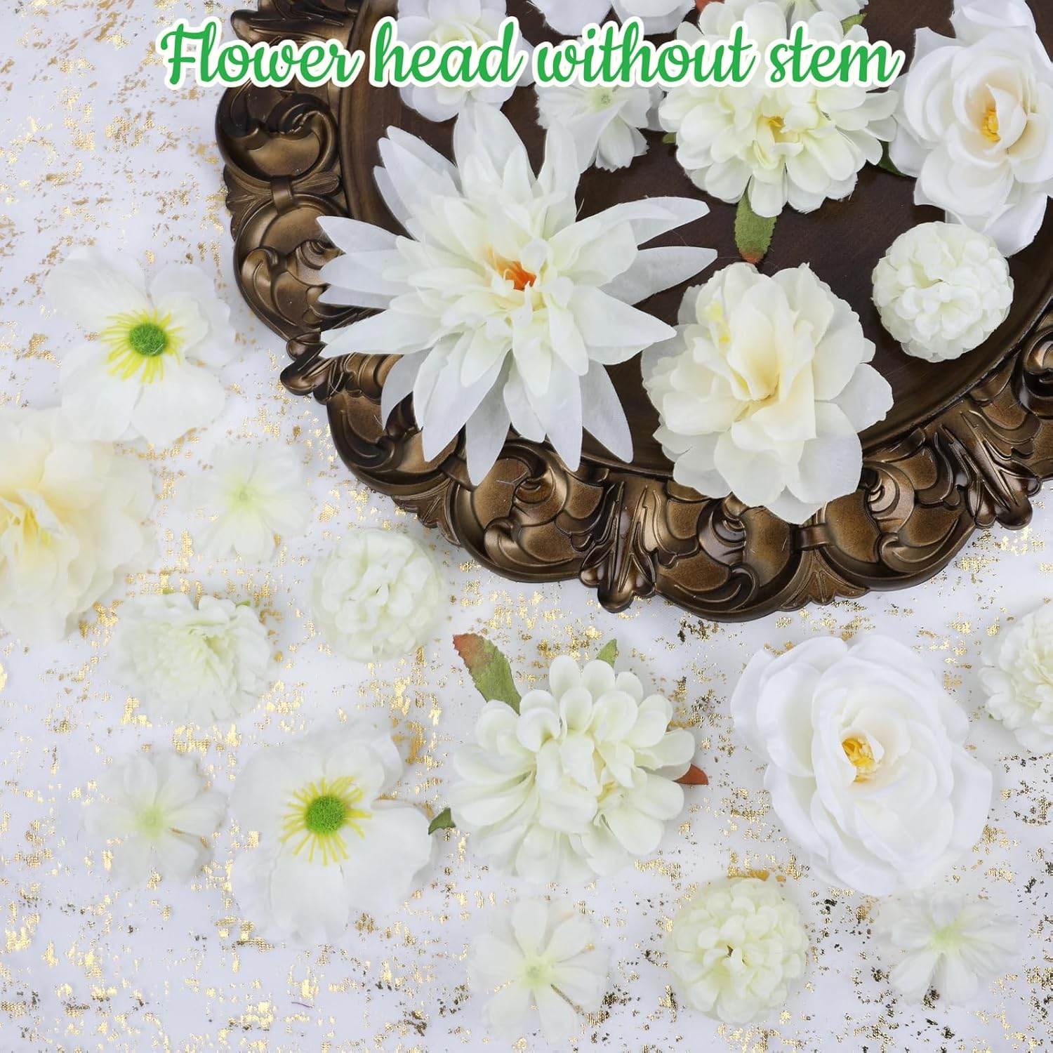 56 PCS Artificial Flower Heads White Bulk Fake Rose Peony Hydrangea Faux Flowers Small for Crafts Wedding Hair Cap Dresses Cake Baby Shower Decorations