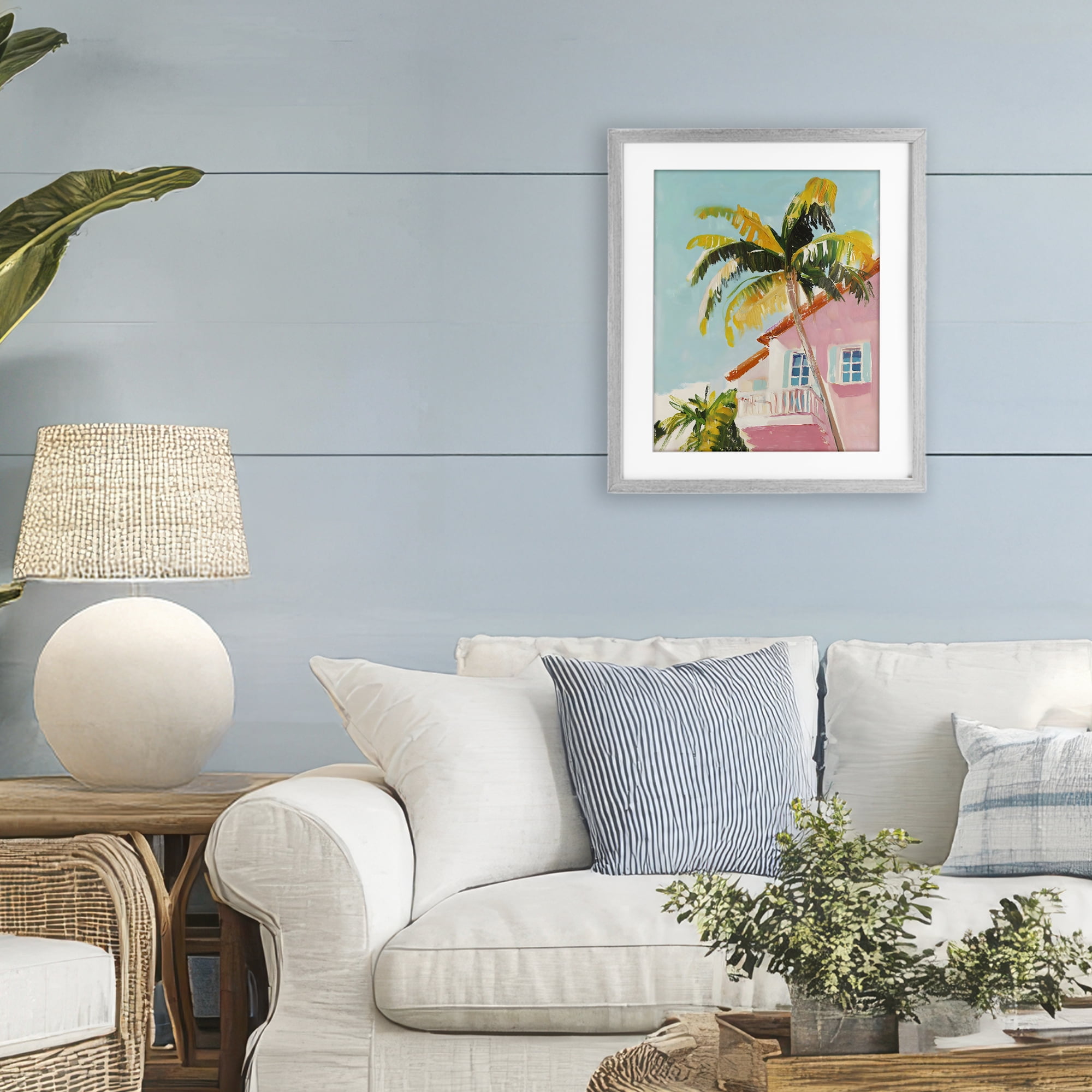 Stupell Industries Pink House Palm Tree Gray Framed Print Under Glass, design by The Prints Vibe
