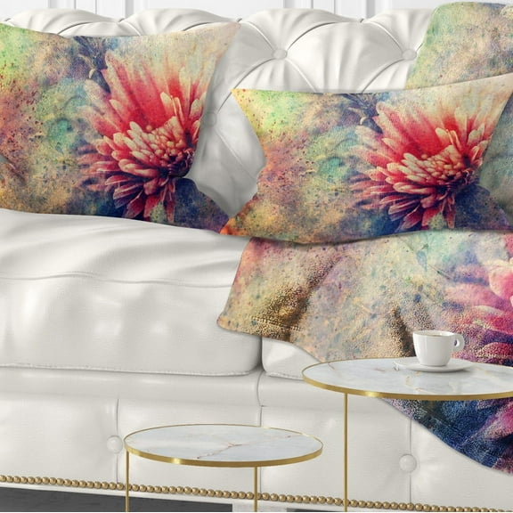 Designart Grunge Art with Flower and Splashes - Flower Throw Pillow - 12x20