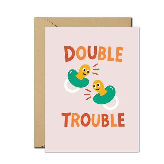 Funny Twins New Baby Greeting Card - “Double Trouble” Cute Pacifier Design, Blank Inside, Includes Envelope - Perfect for New Parents of Twins & Baby Showers