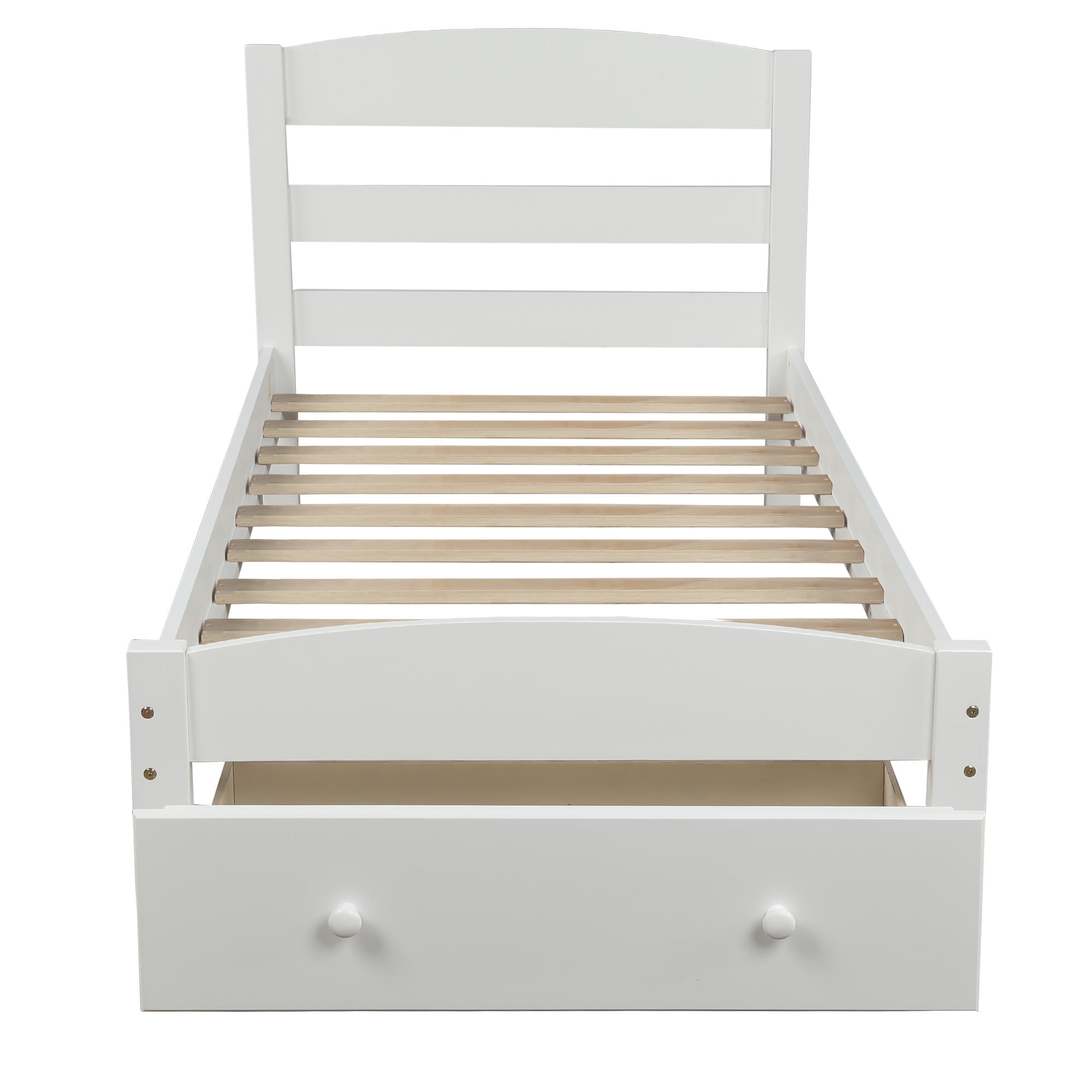 Twin Bed with Storage, Solid Wood Platform Bed Frame, Modern Twin Size Bed Frame with Headboard and Footboard, Bedroom Furniture Twin Platform Bed with Big Drawer, No Box Spring Needed, White