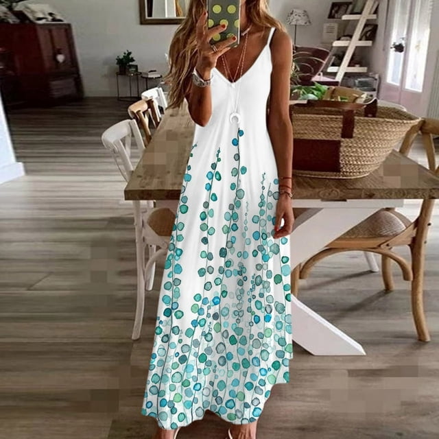 Robe Longue Sans Manches à Col en V Imprimée Florale pour Femmes