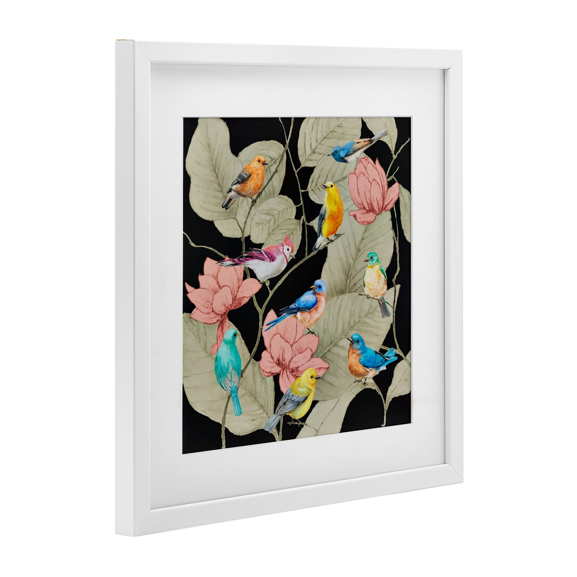 Stupell Industries Colorful Birds & Leaf Motif White Framed Print Under Glass, design by Lorenzo Collective