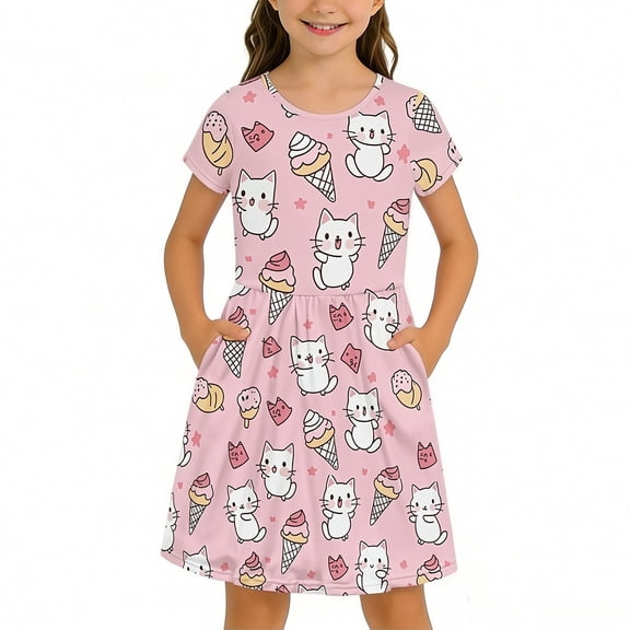 Girls Cute Dresses Cat Ice Cream Print Short Sleeve Skater Dress with Pockets, Casual Summer Twirl Sundress for Kids 4-14Y