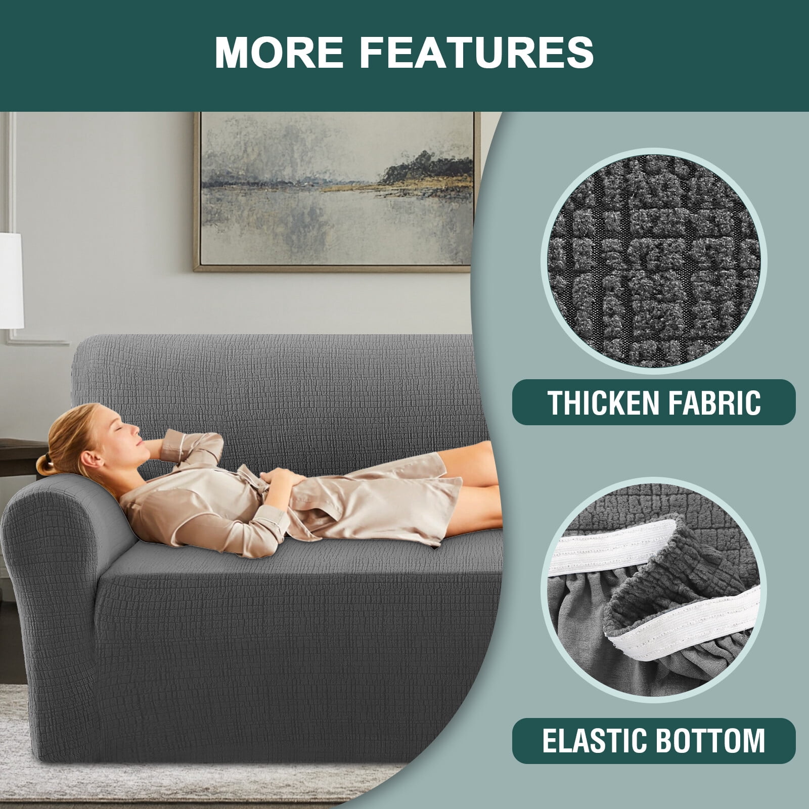 H.VERSAILTEX Premium Jacquard Stretch Sofa Cover with Waterproof Seat & Elastic Bottom Protection for Kids,Pets 1-Piece Furniture Protector Slipcover(Loveseat,Grey)