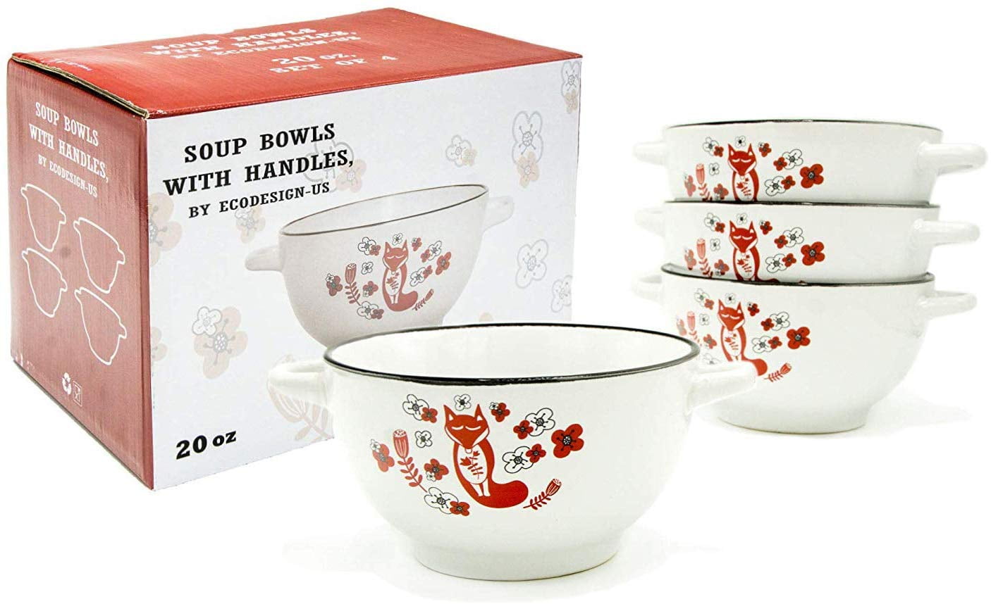20ounce Footed Ceramic White Soup Cereal Bowls with Handles Set of 4