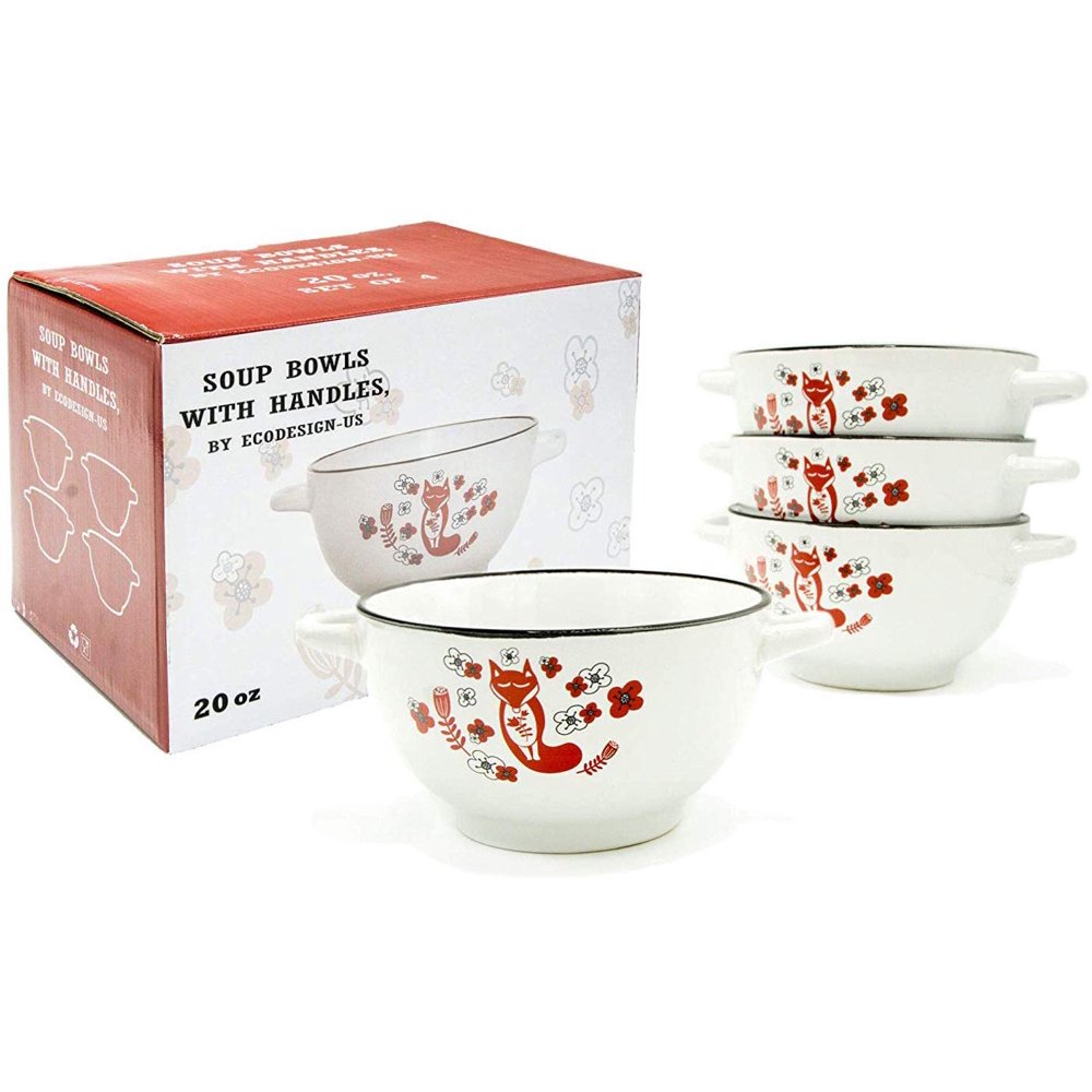 20ounce Footed Ceramic White Soup Cereal Bowls with Handles Set of 4