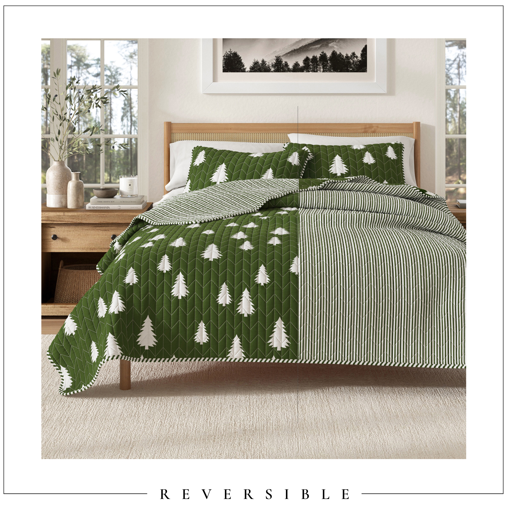 Lodge Microfiber Reversible Quilt Set with Shams (King, Little Trees - Olive)