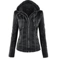 thumbnail image 1 of Mujer motocicleta con capucha pu cuero biker chaqueta abrigo prendas de vestir exteriores, 1 of 2