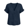 thumbnail image 7 of Women's Casual Linen V-Neck Short Sleeve Solid Color Blouse Top, 7 of 7