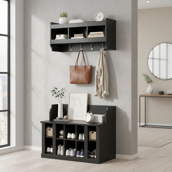 MORPAZX Shoe Storage Bench with Shelves and Coat Rack, Hall Tree, Black