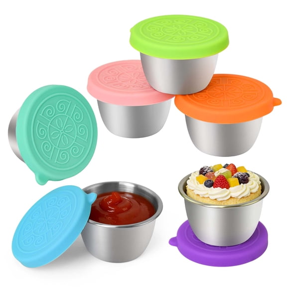 Lnrkai 6 Pcs Salad Dressing Container To Go, 2.4 oz Small Containers with Lids, Reusable Stainless Steel Sauce Cups for Lunch, Picnic, BBQ, Travel