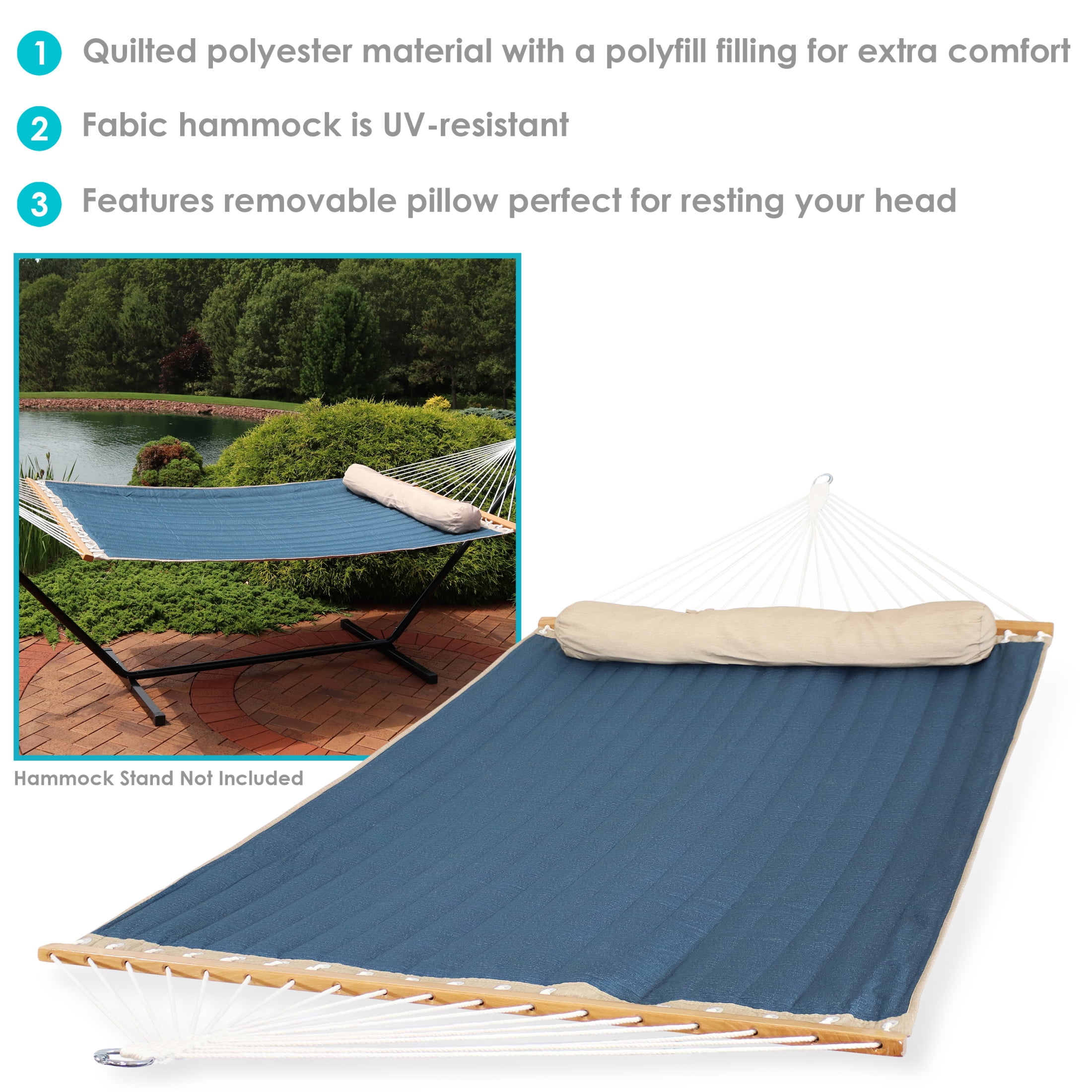 Sunnydaze 2-Person Quilted Polyester Spreader Bar Hammock, 440 lb - Tidal Wave