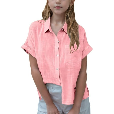 XADYUY Girls Button Down Shirts Short Sleeve Collared Linen Girls Blouses Summer Cute Side Split Girls Spring Tops Pink 11-12Years