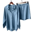 thumbnail image 4 of Womens Shorts Suit Solid Retro Plus Size Cotton Linen Button Shirt High Waist Loose Pocket, 4 of 4