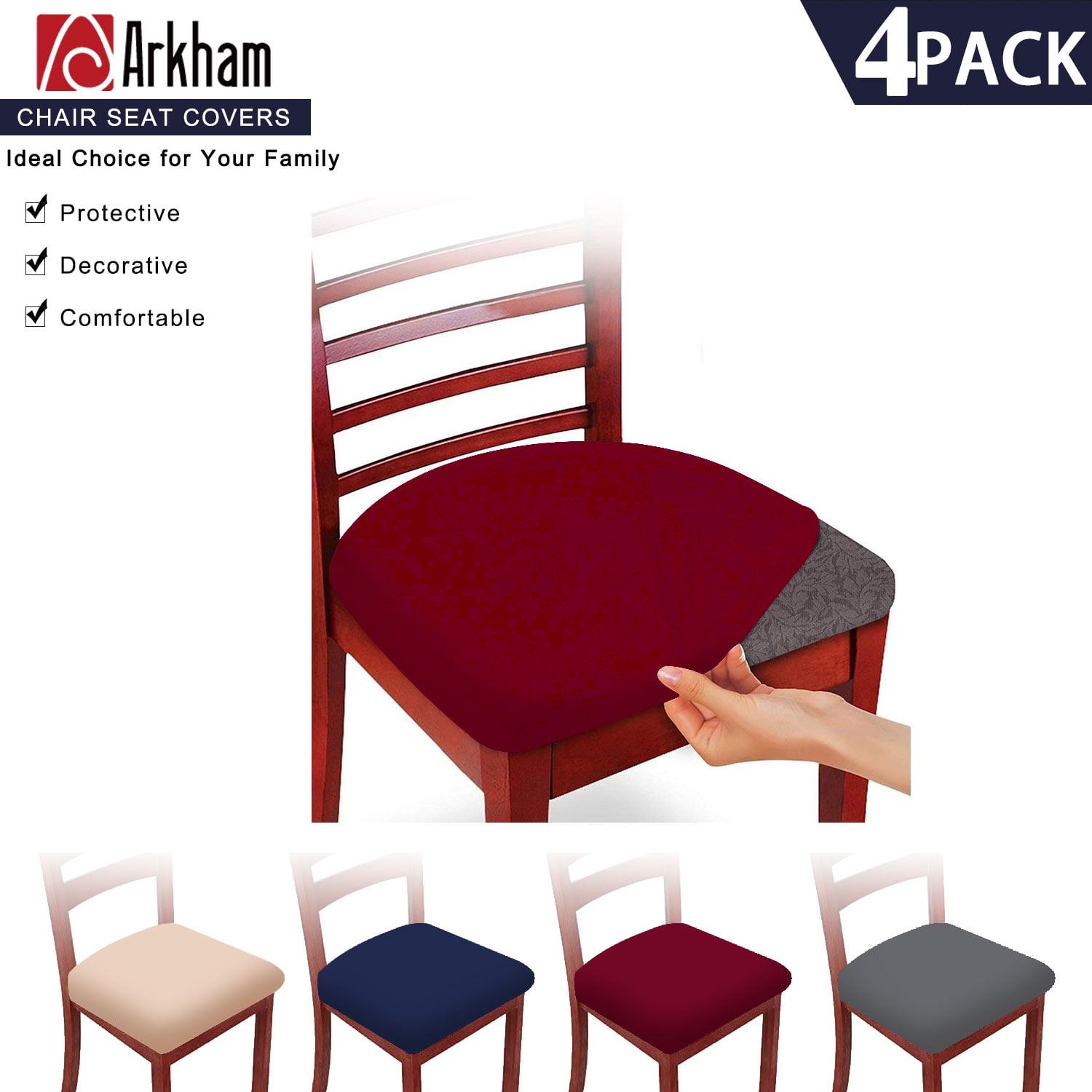 4 Pack Red Stretch Chair Seat Covers for Dining Room, Removable