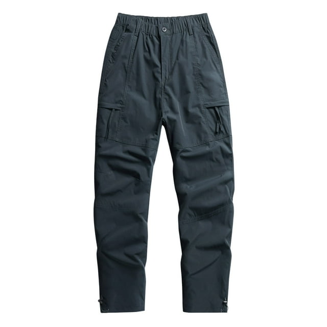 Dagugfen Mens Cargo Pants Elastic Waist Button Fitted Solid Color Outdoor Hiking Pants Zipper Pockets