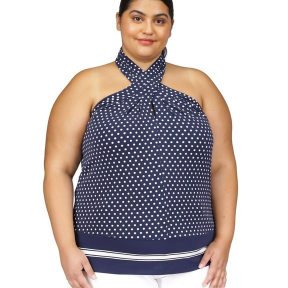 Michael Kors Womens Dot Print Border Jersey Halter Top Shirt, Blue, Plus Size, 0X