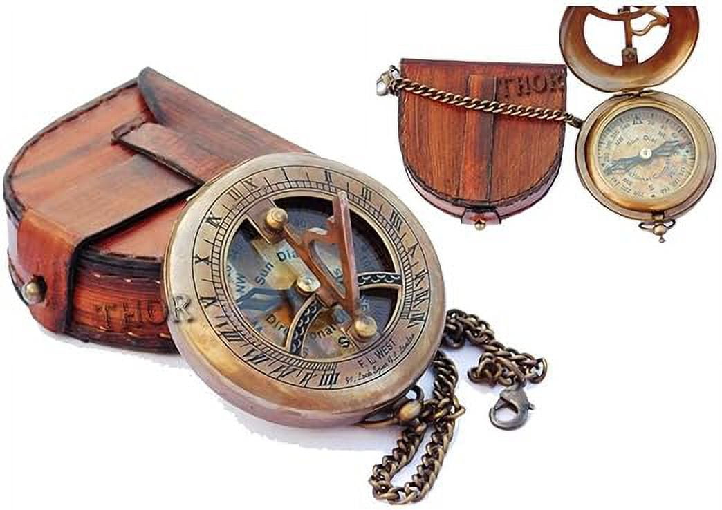 Brass Sundial Compass with Leather Case and Chain | Push Open Compass | Vintage Steampunk Accessory Pocket Compass | Beautiful Handmade Gift Sundial Clock | Antiquated Finish Pocket Compass