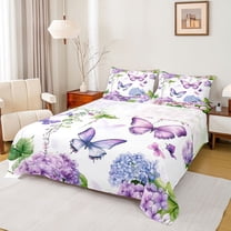 Castle Fairy Boys Girls Flying Purple Butterflies Twin Sheet Sets 3pcs,Chic Floral Flower Hydrangea Twin Fitted Sheet Microfiber,Spring Garden Breathable Flat Sheet,Luxury Bedroom Decor