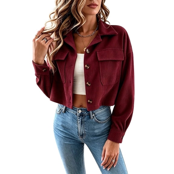 cocolona Cropped Jackets for Women Lapel Button Down Trendy Tops Casual Long Sleeve Fall Short Outerwear