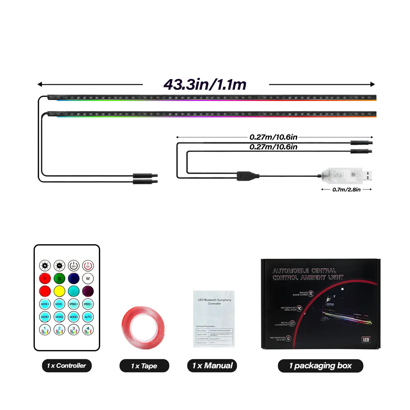 Ceesooi Smart LED Interior Car Lights, USB Powered RGB Car Ambient Lighting with App Control & Music Sync, DIY Mode 110cm+110cm 2-in-1 Design, Multi-Color Decor for Cars Trucks，Gift for Men & Women
