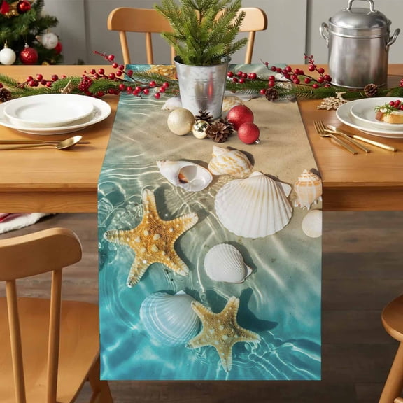 Table Runner 90 Inches Long - Ocean Beach Seashell Starfish Decorative Table Scarf, Sea Water Waves Dining Table Runners for Wedding Party Kitchen Dining Tables