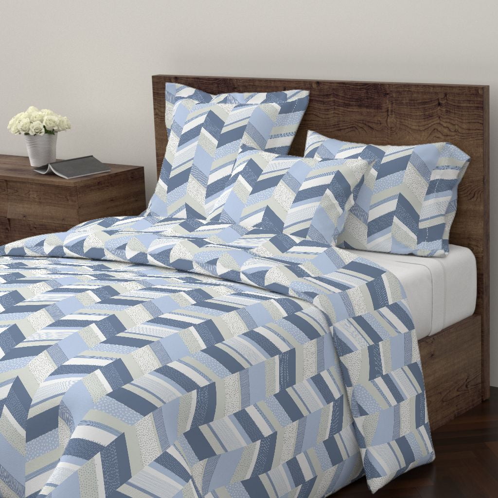 Chevron Textures Blue Gray Minimal Neutral Tan Sateen Duvet Cover By Roostery