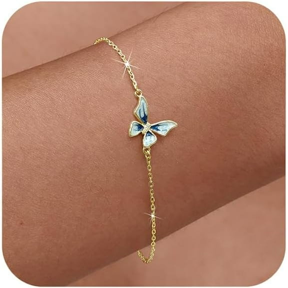 925 Sterling Silver Enamel Butterfly Bracelets for Women Dainty 14k Gold Plated Gradient Blue Butterfly Link Bracelet Matching Insect Chain Jewelry Christmas Gifts to Daughter Friends
